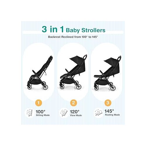  HONEY JOY Lightweight Baby Stroller, Compact Travel Stroller for Airplane, Fits Airplane Cabin & Overhead, One-Hand Gravity Fold, Self-Standing Toddler Stroller w/Adjustable Backrest/Canopy(Black)