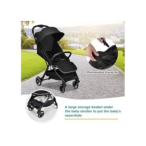  HONEY JOY Lightweight Baby Stroller, Compact Travel Stroller for Airplane, Fits Airplane Cabin & Overhead, One-Hand Gravity Fold, Self-Standing Toddler Stroller w/Adjustable Backrest/Canopy(Black)