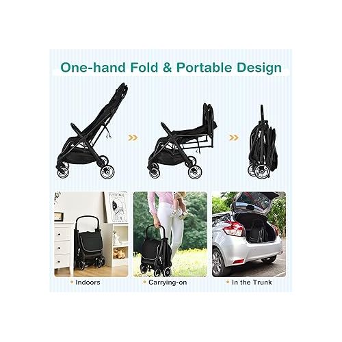  HONEY JOY Lightweight Baby Stroller, Compact Travel Stroller for Airplane, Fits Airplane Cabin & Overhead, One-Hand Gravity Fold, Self-Standing Toddler Stroller w/Adjustable Backrest/Canopy(Black)