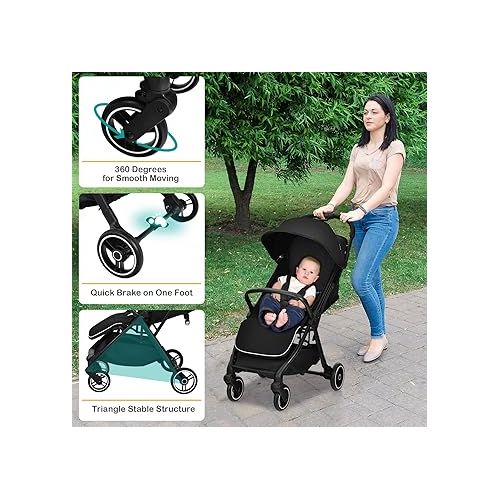  HONEY JOY Lightweight Baby Stroller, Compact Travel Stroller for Airplane, Fits Airplane Cabin & Overhead, One-Hand Gravity Fold, Self-Standing Toddler Stroller w/Adjustable Backrest/Canopy(Black)