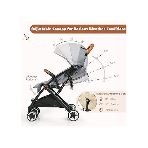  HONEY JOY Lightweight Baby Stroller, Compact One-Hand Luggage-Style Travel Stroller for Airplane, Fits Airplane Cabin & Overhead, Self-Standing Toddler Stroller w/Adjustable Backrest/Canopy(Gray)