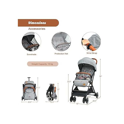  HONEY JOY Lightweight Baby Stroller, Compact One-Hand Luggage-Style Travel Stroller for Airplane, Fits Airplane Cabin & Overhead, Self-Standing Toddler Stroller w/Adjustable Backrest/Canopy(Gray)