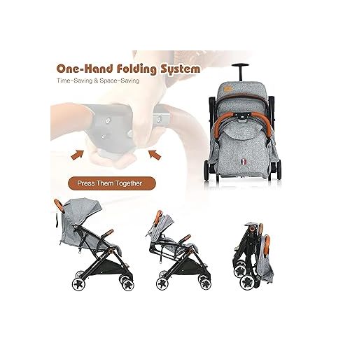  HONEY JOY Lightweight Baby Stroller, Compact One-Hand Luggage-Style Travel Stroller for Airplane, Fits Airplane Cabin & Overhead, Self-Standing Toddler Stroller w/Adjustable Backrest/Canopy(Gray)