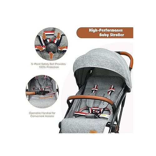  HONEY JOY Lightweight Baby Stroller, Compact One-Hand Luggage-Style Travel Stroller for Airplane, Fits Airplane Cabin & Overhead, Self-Standing Toddler Stroller w/Adjustable Backrest/Canopy(Gray)