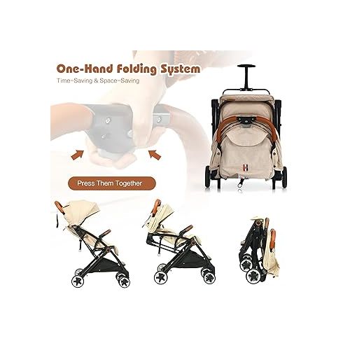  HONEY JOY Lightweight Baby Stroller, Compact One-Hand Luggage-Style Travel Stroller for Airplane, Fits Airplane Cabin & Overhead, Self-Standing Toddler Stroller w/Adjustable Backrest/Canopy(Beige)