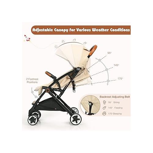  HONEY JOY Lightweight Baby Stroller, Compact One-Hand Luggage-Style Travel Stroller for Airplane, Fits Airplane Cabin & Overhead, Self-Standing Toddler Stroller w/Adjustable Backrest/Canopy(Beige)