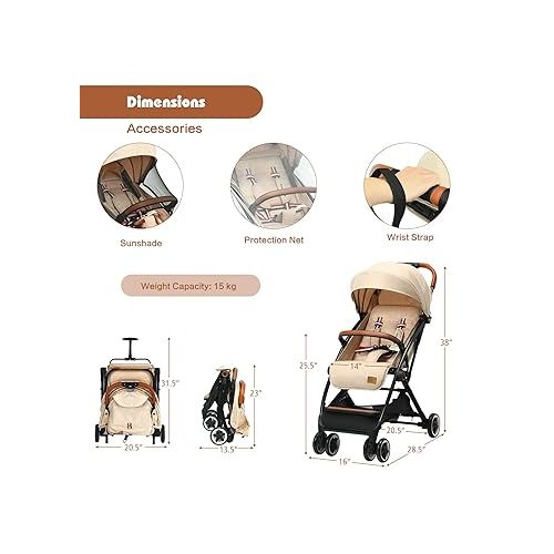  HONEY JOY Lightweight Baby Stroller, Compact One-Hand Luggage-Style Travel Stroller for Airplane, Fits Airplane Cabin & Overhead, Self-Standing Toddler Stroller w/Adjustable Backrest/Canopy(Beige)