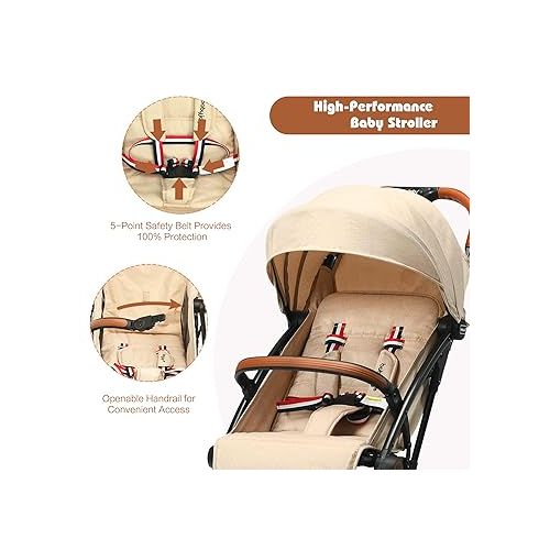  HONEY JOY Lightweight Baby Stroller, Compact One-Hand Luggage-Style Travel Stroller for Airplane, Fits Airplane Cabin & Overhead, Self-Standing Toddler Stroller w/Adjustable Backrest/Canopy(Beige)