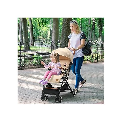  HONEY JOY Lightweight Baby Stroller, Compact One-Hand Luggage-Style Travel Stroller for Airplane, Fits Airplane Cabin & Overhead, Self-Standing Toddler Stroller w/Adjustable Backrest/Canopy(Beige)