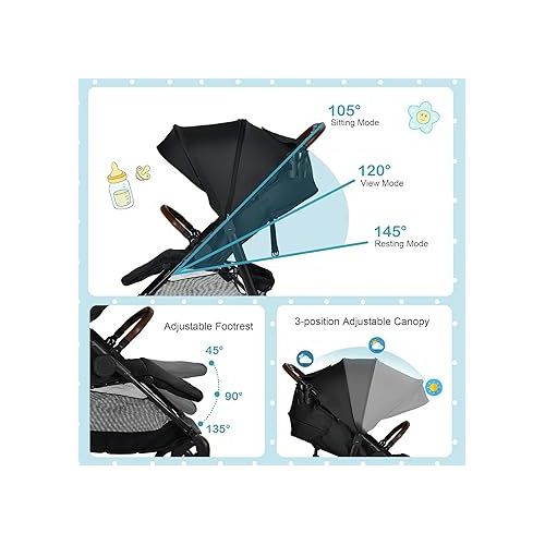  HONEY JOY Baby Stroller, Foldable High Landscape Infant Carriage with Foot Cover, Adjustable Backrest & Canopy, Suspension Wheels & Storage Basket, Newborn Pushchair Stroller for Boys Girls (Black)