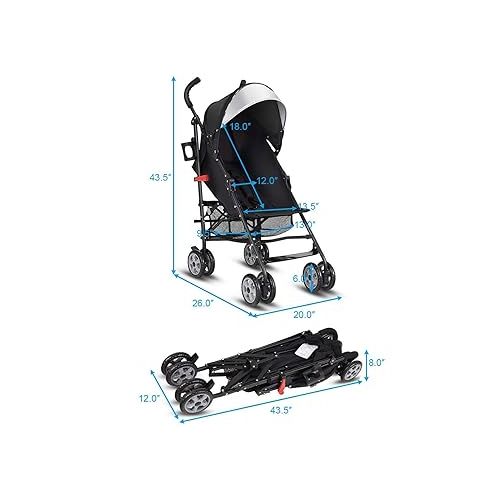  HONEY JOY Baby Lightweight Stroller, Compact Travel Stroller for Airplane, Adjustable Backrest & Canopy, 5-Point Harness, Cup Holder, Storage Basket, Foldable Umbrella Stroller for Toddlers (Black)
