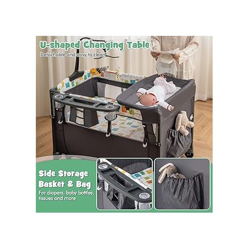  HONEY JOY Baby Bedside Sleeper, 6-in-1 Pack and Play w/Infant Bassinet, Diaper Changing Table & Portable Play Yard w/Zippered Door, 4 Adjustable Heights, Music Box & Side Storage Bag, Carry Bag(Gray)