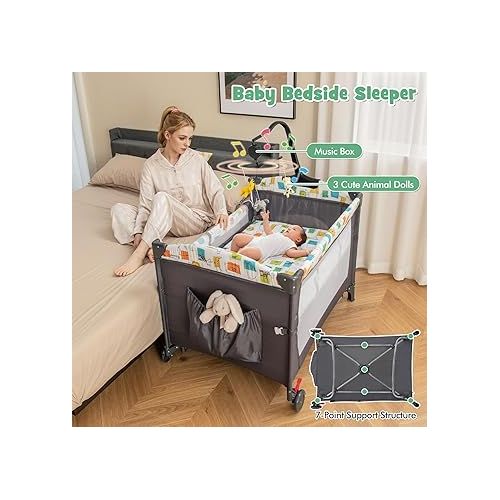  HONEY JOY Baby Bedside Sleeper, 6-in-1 Pack and Play w/Infant Bassinet, Diaper Changing Table & Portable Play Yard w/Zippered Door, 4 Adjustable Heights, Music Box & Side Storage Bag, Carry Bag(Gray)