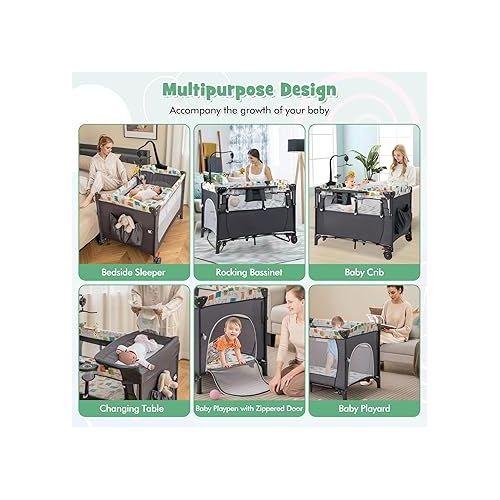  HONEY JOY Baby Bedside Sleeper, 6-in-1 Pack and Play w/Infant Bassinet, Diaper Changing Table & Portable Play Yard w/Zippered Door, 4 Adjustable Heights, Music Box & Side Storage Bag, Carry Bag(Gray)