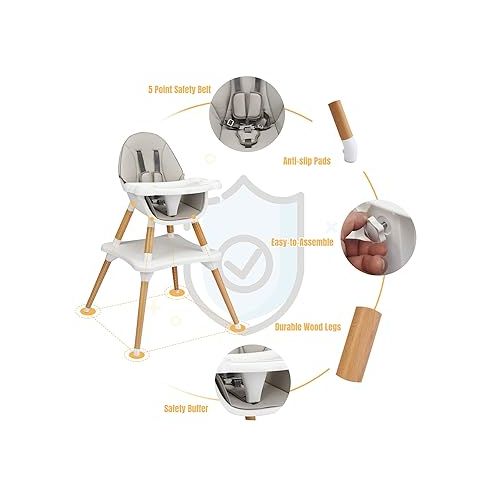  HONEY JOY Baby High Chair, 5-in-1 Convertible Wooden Highchair for Babies and Toddlers/Table and Chair Set/Booster Seat/Toddler Chair with Safety Harness, 4-Position Removable Feeding Tray (Gray)