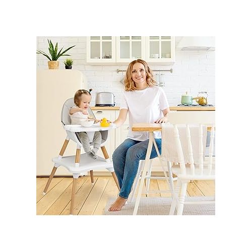  HONEY JOY Baby High Chair, 5-in-1 Convertible Wooden Highchair for Babies and Toddlers/Table and Chair Set/Booster Seat/Toddler Chair with Safety Harness, 4-Position Removable Feeding Tray (Gray)