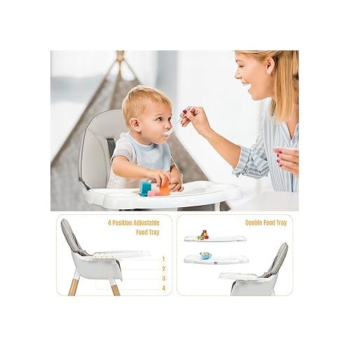  HONEY JOY Baby High Chair, 5-in-1 Convertible Wooden Highchair for Babies and Toddlers/Table and Chair Set/Booster Seat/Toddler Chair with Safety Harness, 4-Position Removable Feeding Tray (Gray)