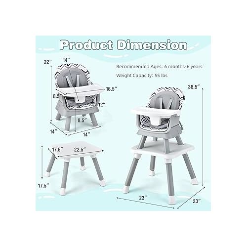  HONEY JOY 8 in 1 Baby High Chair, Convertible Highchair for Babies and Toddlers/Table and Chair Set/Building Block Table/Booster Seat/Stool/Toddler Chair with Safety Harness (Wave Gray)