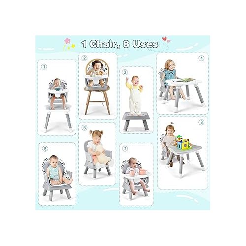  HONEY JOY 8 in 1 Baby High Chair, Convertible Highchair for Babies and Toddlers/Table and Chair Set/Building Block Table/Booster Seat/Stool/Toddler Chair with Safety Harness (Wave Gray)