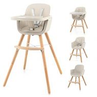 HONEY JOY High Chair, 3-in-1 Eat & Grow Wooden Highchair/Booster Seat/Toddler Chair with Removable Tray, 5-Point Harness, PU Cushion and Footrest for Baby, High Chair for Babies and Toddlers(Beige)