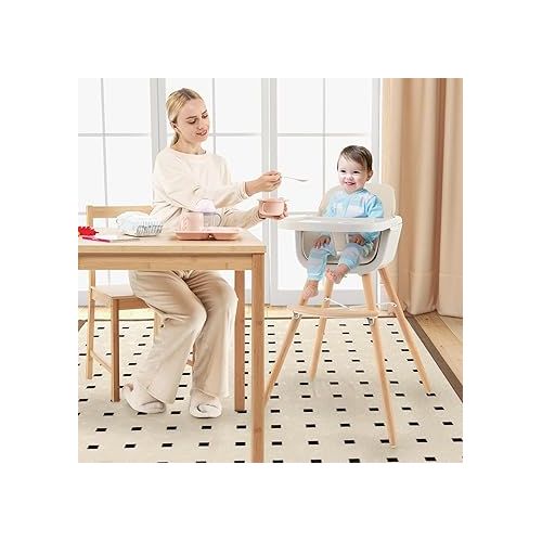  HONEY JOY High Chair, 3-in-1 Eat & Grow Wooden Highchair/Booster Seat/Toddler Chair with Removable Tray, 5-Point Harness, PU Cushion and Footrest for Baby, High Chair for Babies and Toddlers(Beige)