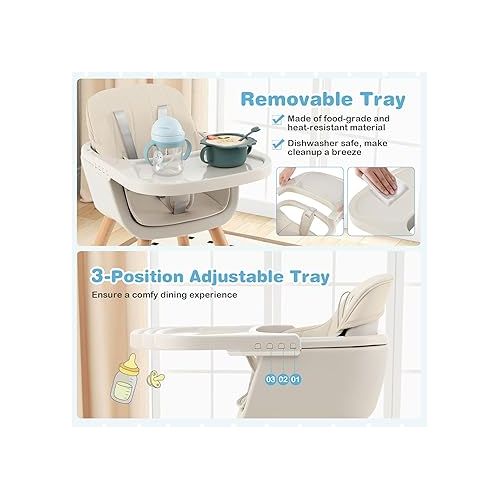  HONEY JOY High Chair, 3-in-1 Eat & Grow Wooden Highchair/Booster Seat/Toddler Chair with Removable Tray, 5-Point Harness, PU Cushion and Footrest for Baby, High Chair for Babies and Toddlers(Beige)