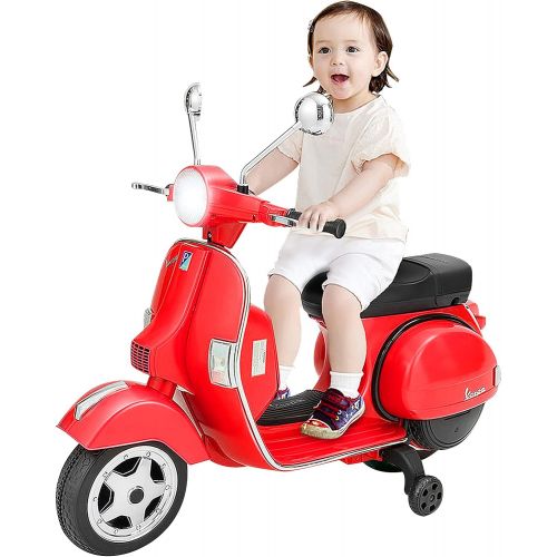  HONEY JOY Ride On Motorcycle, 6V Battery Powered Vespa Scooter w/ Training Wheels, Headlight & Music, Foot Pedal, Key Switch, Electric Motorized Ride On Toy for Toddler Boys Girls