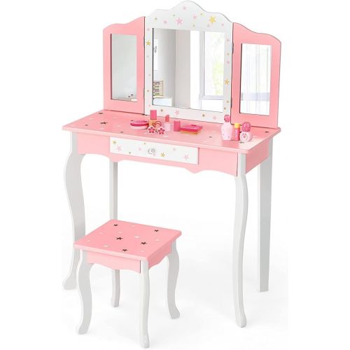  HONEY JOY Kids Vanity, Wooden Princess Makeup Dressing Table with Stool & Drawer, Tri Folding Mirror, Detachable Top, Toddler Pretend Play Vanity Set for Little Girls (Pink)