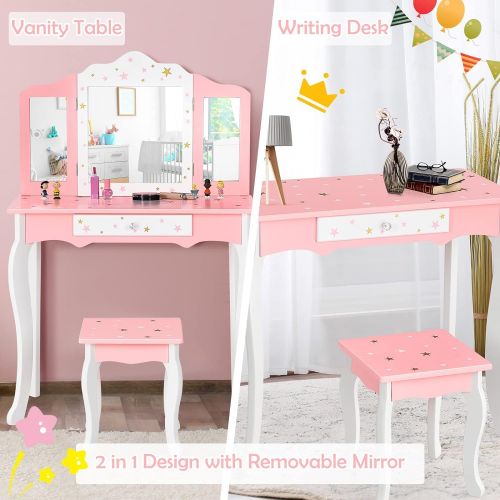  HONEY JOY Kids Vanity, Wooden Princess Makeup Dressing Table with Stool & Drawer, Tri Folding Mirror, Detachable Top, Toddler Pretend Play Vanity Set for Little Girls (Pink)