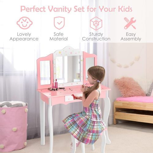  HONEY JOY Kids Vanity, Wooden Princess Makeup Dressing Table with Stool & Drawer, Tri Folding Mirror, Detachable Top, Toddler Pretend Play Vanity Set for Little Girls (Pink)