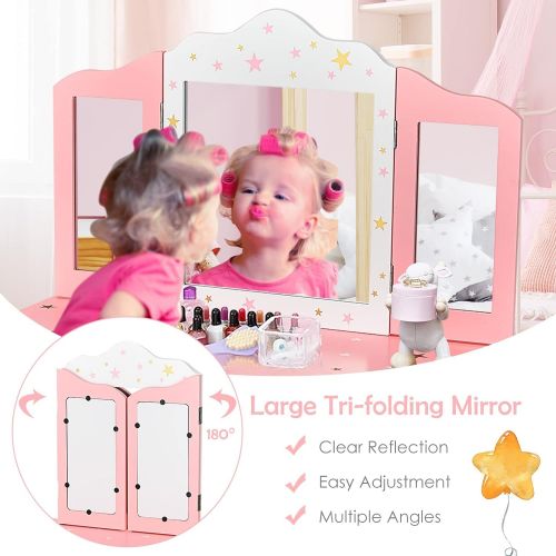  HONEY JOY Kids Vanity, Wooden Princess Makeup Dressing Table with Stool & Drawer, Tri Folding Mirror, Detachable Top, Toddler Pretend Play Vanity Set for Little Girls (Pink)