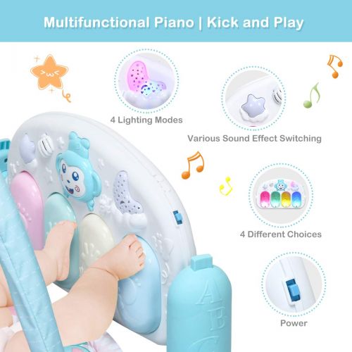  HONEY JOY Baby Play Mat, Kick & Play Tummy Time Gym Fitness Playmat, 5 Rattle Pendants & Detachable Piano, Deluxe Light & Melodies Activity Center for Toddler Newborn Infants