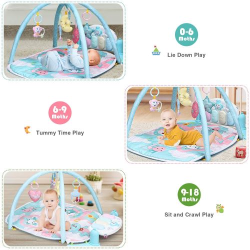  HONEY JOY Baby Play Mat, Kick & Play Tummy Time Gym Fitness Playmat, 5 Rattle Pendants & Detachable Piano, Deluxe Light & Melodies Activity Center for Toddler Newborn Infants