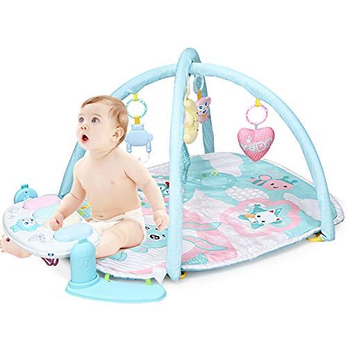  HONEY JOY Baby Play Mat, Kick & Play Tummy Time Gym Fitness Playmat, 5 Rattle Pendants & Detachable Piano, Deluxe Light & Melodies Activity Center for Toddler Newborn Infants