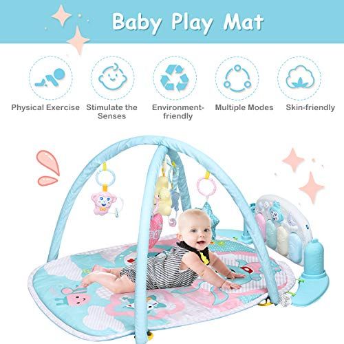  HONEY JOY Baby Play Mat, Kick & Play Tummy Time Gym Fitness Playmat, 5 Rattle Pendants & Detachable Piano, Deluxe Light & Melodies Activity Center for Toddler Newborn Infants