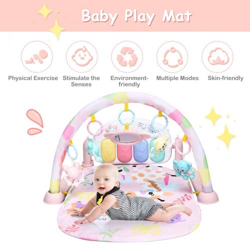  HONEY JOY Baby Play Mat, Kick & Play Piano Tummy Time Gym Fitness Playmat, 4 Rattle Pendants and 1 Mirror, Newborn Deluxe Music Activity Center for Toddler Infants (Pink)