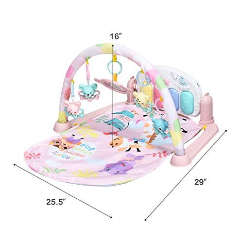  HONEY JOY Baby Play Mat, Kick & Play Piano Tummy Time Gym Fitness Playmat, 4 Rattle Pendants and 1 Mirror, Newborn Deluxe Music Activity Center for Toddler Infants (Pink)