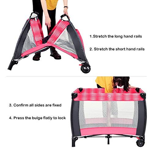  HONEY JOY Baby Playard with Bassinet and Changing Table, 3 in 1 Portable Playpen for Toddler, Foldable Travel Bassinet Bed w/Lockable Wheels, Music & Diaper Storage Bag, Newborn Na