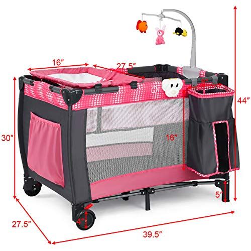  HONEY JOY Baby Playard with Bassinet and Changing Table, 3 in 1 Portable Playpen for Toddler, Foldable Travel Bassinet Bed w/Lockable Wheels, Music & Diaper Storage Bag, Newborn Na