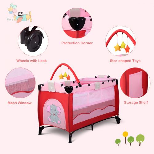  HONEY JOY Baby Playard with Bassinet, Foldable Bassinet Bed, Changing Table & Activity Center with Comfortable Mattress, Elephant Zipper Door, Portable Playpen for Babies and Toddl