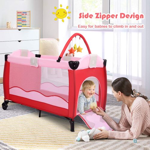  HONEY JOY Baby Playard with Bassinet, Foldable Bassinet Bed, Changing Table & Activity Center with Comfortable Mattress, Elephant Zipper Door, Portable Playpen for Babies and Toddl