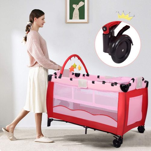  HONEY JOY Baby Playard with Bassinet, Foldable Bassinet Bed, Changing Table & Activity Center with Comfortable Mattress, Elephant Zipper Door, Portable Playpen for Babies and Toddl