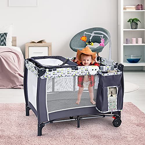  HONEY JOY Portable Baby Playard, 3-in-1 Pack and Play with Infant Bassinet, Diaper Changer & Toy Bar, Lockable Wheels, Toddler Play Yard w/ Carry Bag(Gray)