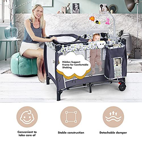  HONEY JOY Portable Baby Playard, 3-in-1 Pack and Play with Infant Bassinet, Diaper Changer & Toy Bar, Lockable Wheels, Toddler Play Yard w/ Carry Bag(Gray)