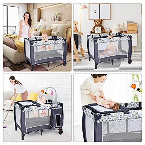  HONEY JOY Portable Baby Playard, 3-in-1 Pack and Play with Infant Bassinet, Diaper Changer & Toy Bar, Lockable Wheels, Toddler Play Yard w/ Carry Bag(Gray)