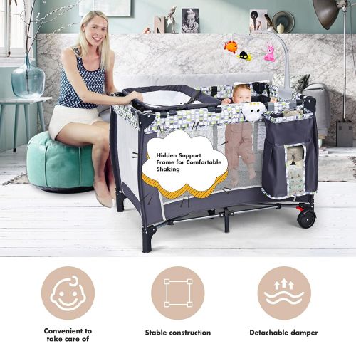  HONEY JOY Portable Baby Playard, 3-in-1 Pack and Play with Infant Bassinet, Diaper Changer & Toy Bar, Lockable Wheels, Toddler Play Yard w/ Carry Bag(Gray)