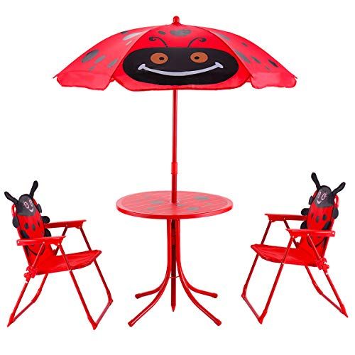  [아마존베스트]HONEY JOY Kids Picnic Table and Chair Set, 4 PCS Dining Table and 2 Folding Chairs w/Umbrella, Height Adjustable, Children Indoor Outdoor Furniture Set for Garden Balcony Decoratio