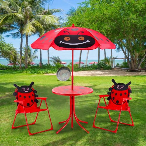  [아마존베스트]HONEY JOY Kids Picnic Table and Chair Set, 4 PCS Dining Table and 2 Folding Chairs w/Umbrella, Height Adjustable, Children Indoor Outdoor Furniture Set for Garden Balcony Decoratio