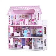 HONEY JOY Dollhouse with 13 Pcs Furniture, 3-Level Wooden Dream Doll House, Pretend Play Kids Doll’s House, Princess Mini Toy House Furniture Playset, Gift for Little Girls (Pink,