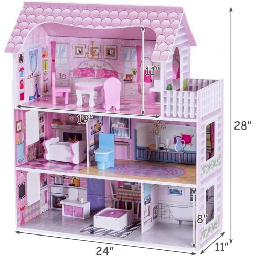  HONEY JOY Dollhouse with 13 Pcs Furniture, 3-Level Wooden Dream Doll House, Pretend Play Kids Doll’s House, Princess Mini Toy House Furniture Playset, Gift for Little Girls (Pink,